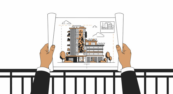 Hands holding architectural blueprint of a modern building with trees and a small inset drawing