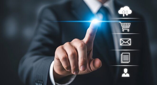 Businessman touching glowing digital interface with cloud shopping mail document icons