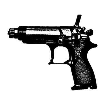 Classic military style handgun, sidearm firearm, combat pistol with checkered grip panel, magazine release, and hammerless design for tactical use.