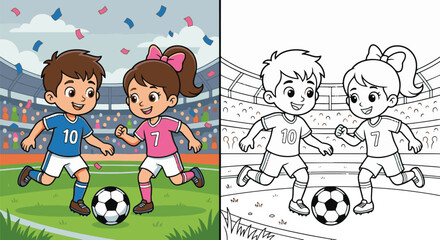 Kids running and dribbling soccer ball on stadium field coloring page and colorful cartoon vector illustration © Srabon