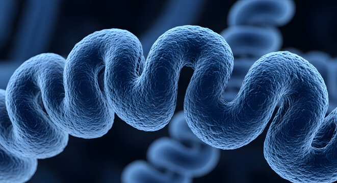 Close up of blue spiral bacteria or virus cells in microscopic view biology