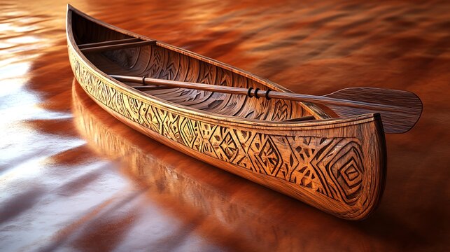 A traditional wooden canoe with intricate carvings floating on calm water with sunlight reflections