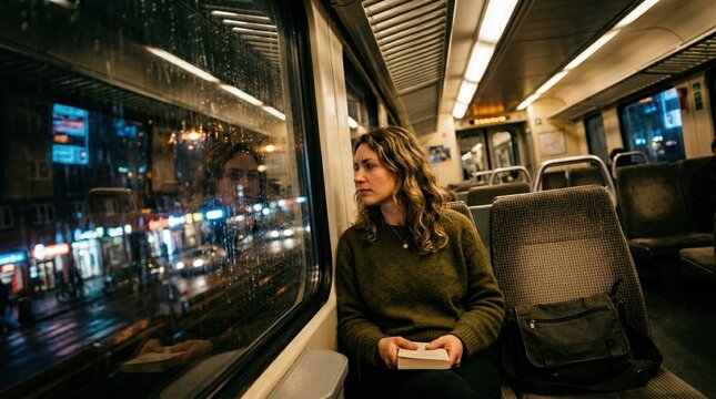 Woman sitting on a train at night looking out the window. Pensive female passenger commuting on a rainy evening in the city. Urban travel and solitude concept