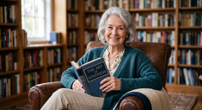 Smiling elderly woman in a warm compassionate mood holding &ldquo;THE ART OF KINDNESS&rdquo; book against a cozy home library backdrop