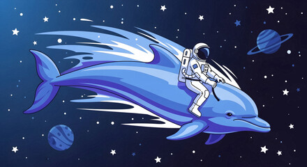 Astronaut riding a dolphin through the stars in outer space. © Ridwan