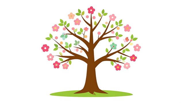 Colorful Blossoming Tree Illustration Standing on Green Grass Patch