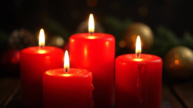 Four lit red candles in the foreground with bokeh and greenery in the background