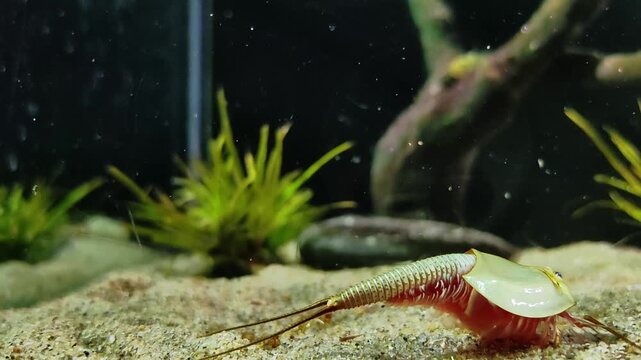 triops longicaudatus, also known as tadpole shrimp, slowly crawling on sandy bottom freshwater aquarium, moving its multiple legs and foraging for food among grains sand.