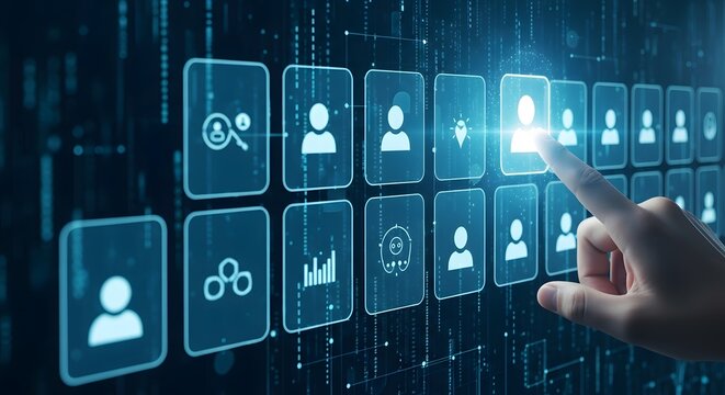 Finger touching glowing user profile icon on digital interface with data streams technology