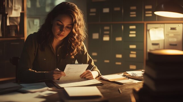 woman reviewing documents in a dimly lit office