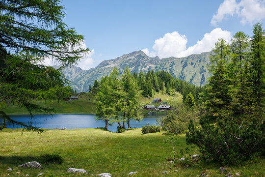 Lake Duisitzkarsee in European Alps mountain, Styria, Austria. Landscape natural scenery with traditional alpine huts and forest