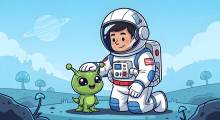 Cute cartoon astronaut befriends a friendly alien on a distant planet. © Ridwan