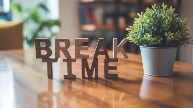 Wooden Break Time letters on a desk with a plant