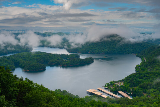 Ocoee River and Ocoee Lake seen from an overlook on Oswald Road with Sugarloaf Mountain partially obscured by low clouds, Tennessee