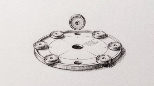 Black-and-white drawing plain white paper detailed sketch-like representation mechanical component focal point