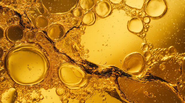 Golden oil droplets and bubbles floating in a shallow liquid pool captured in vivid macro detail with rich amber tones for a culinary cooking background