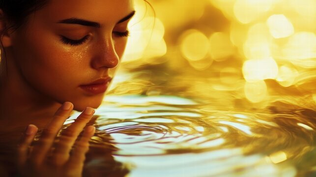 woman relaxing in golden water spa