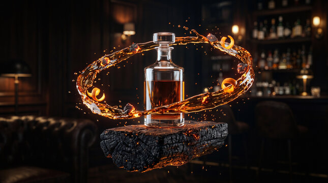 Luxury Whiskey Decanter on Charred Wood with Spiraling Amber Liquid Splash in Dark Bar Setting