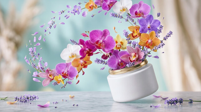 Open White Cosmetic Jar with Colorful Orchids and Lavender Bursting Out &ndash; Vibrant Floral Beauty Product