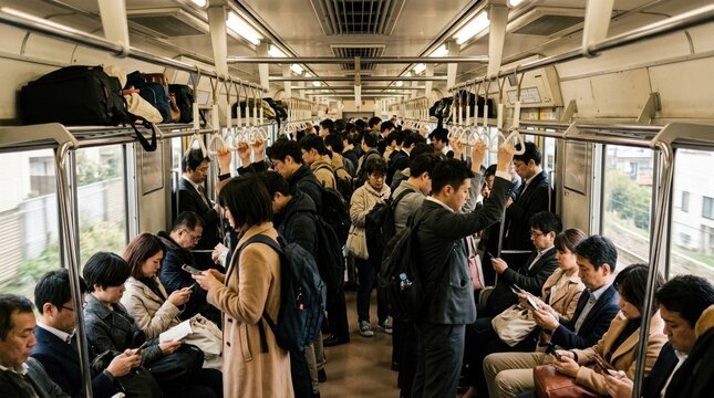 Crowded commuter train interior in Japan. Passengers standing and sitting during morning rush hour. Urban public transportation concept