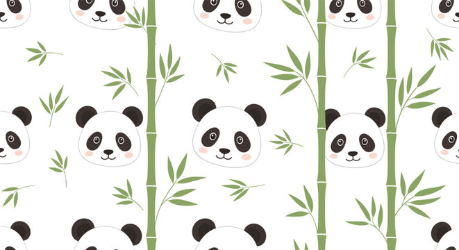 Cute seamless pattern featuring panda bear faces and green bamboo stalks on a clean white background for kids.