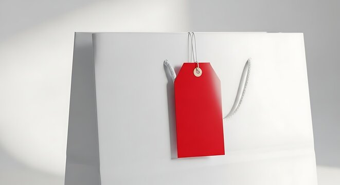 Red Blank Gift Tag Hanging on White Shopping Bag in Minimal Studio Setting