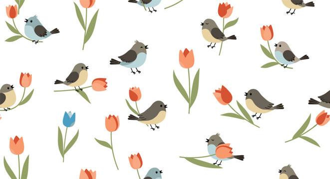 Delicate spring pattern with small songbirds and peach colored tulips scattered across a white surface for seasonal stationery and textiles.