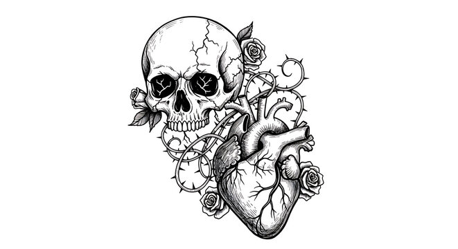 A skull with a heart and roses decorative symbol isolated on a transparent background