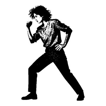 Retro rock musician mid performance stance, glam rock, punk rocker silhouette, stage performer in dramatic pose, vintage concert cutout.