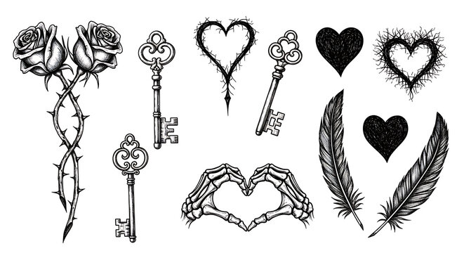 Black and white line of romantic symbols, hearts, roses, feathers, and keys isolated on a transparent background
