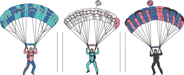 Parachutist Skydiving Collection Set with Colorful Parachutes Extreme Air Sports Adventure and Recreational Freefall Illustration Designs © EdGe Creative