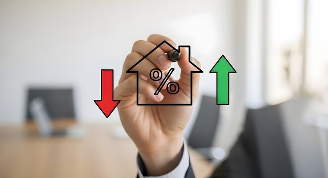 Hand drawing house with percentage symbol and up down arrows on glass home