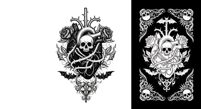 Dark gothic skull heart with roses, bats, and dagger isolated on a transparent background