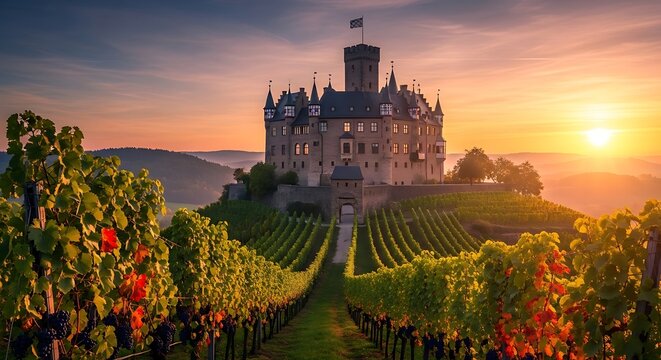 Historic Stone Castle Overlooking Lush Vineyard at Golden Sunset