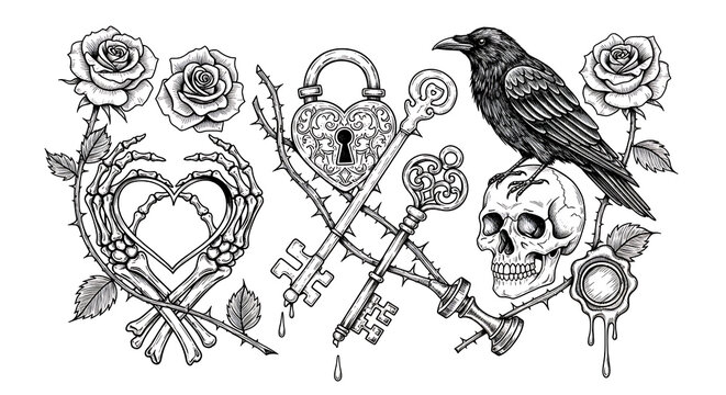 Dark symbolic tattoo with skull, crow, keys, locks, and roses isolated on a transparent background