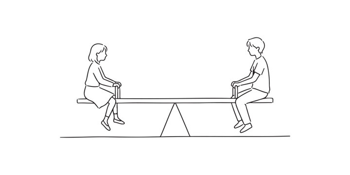 Continuous line drawing of a man and a woman sitting on a seesaw
