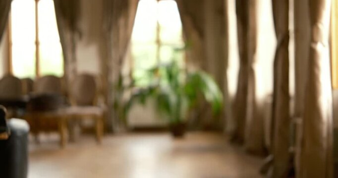 Cinematic historic mansion interior at sunset. Vintage chairs, elegant curtains, large windows, a palm plant in the background. A door with a copper handle as the main visual element. 