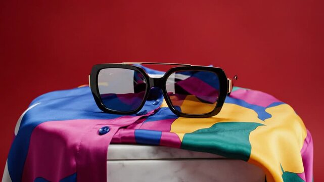 Stylish sunglasses resting on a colorful patterned shirt with a vibrant red background in a studio setting