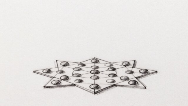 Black-and-white drawing plain white surface which appears paper smooth texture center there symmetrical pentag