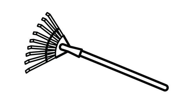 Basic outline illustration of a classic metal garden rake tool designed for yard work and leaf collection tasks.