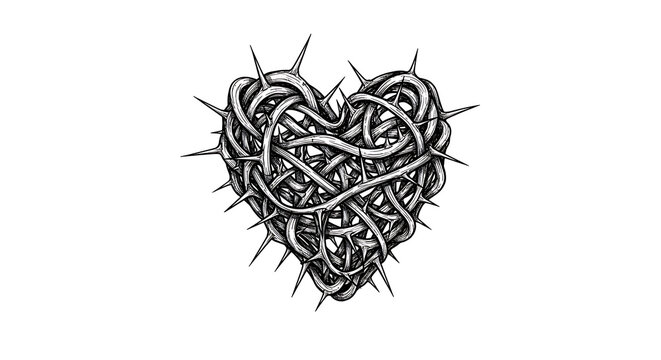 Intricate thorny heart with braided ribbons, intertwined ribbons, heart shape isolated on a transparent background