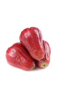 Fresh Red Wax Apples with Water Droplets - Tropical Hainan Fruit on White Background