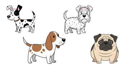 Obraz premium Fun collection of four different cartoon dog breeds including a spotted Dalmatian, a Terrier, a Beagle, and a Pug.
