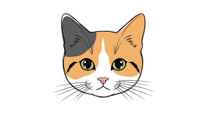 Detailed hand drawn portrait of a calico cat face with expressive green eyes and realistic fur patterns on white.