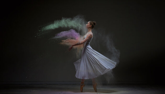 Graceful ballerina dancing in a white dress, surrounded by a vibrant explosion of colorful powder against a dark background, showcasing motion, elegant energy, and artistic freedom.