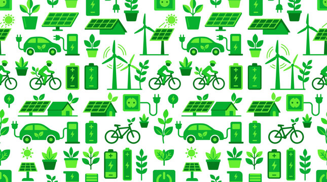 Eco Friendly Urban Pattern Featuring Bicycles, Trees, Wind Turbines and Green Living Elements.