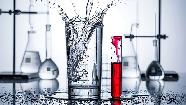 Water splashes in glass with red liquid test tube, lab equipment blurred in background