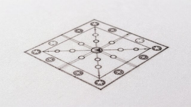 Black-and-white drawing plain white surface which appears piece paper symmetrical diamond-shaped structure com