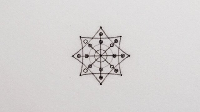 Black-and-white drawing plain white surface which appears textured paper symmetrical pentagon-like structure c