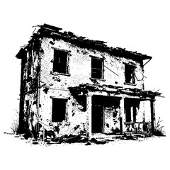 Fototapeta premium Derelict residential structure showing structural decay, weathered facade, missing roofing, hollow window frames also called ruin, ghost house, or forsaken dwelling.